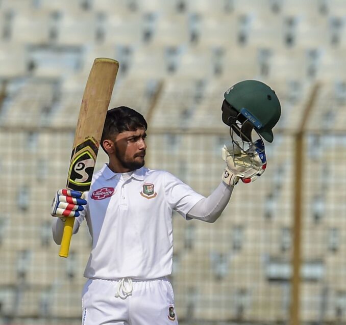 Bangladesh cricketer Mominul Haque reacts after scoring a century during the first day of the first Test cricket match between Bangladesh and West Indies at the Zahur Ahmed Chowdhury Stadium in Chittagong on November 22, 2018. (Photo by MUNIR UZ ZAMAN / AFP)        (Photo credit should read MUNIR UZ ZAMAN/AFP via Getty Images)