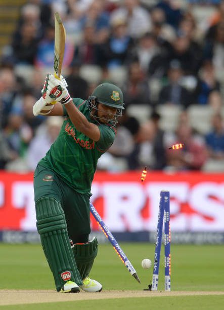 BIRMINGHAM, ENGLAND - JUNE 15: Soumya Sarkar of Bangladesh is bowled by  Bhuvneshwar Kumarof India during the ICC Champions Trophy match between Bangladesh and India at Edgbaston cricket ground on June 15, 2017 in Birmingham, England. (Photo by Philip Brown/Getty Images)